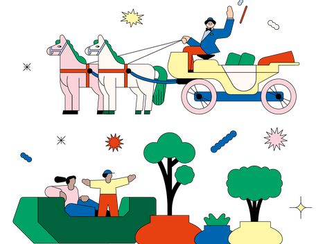 Colorful illustration showing a horse-drawn carriage with two horses and three people in a boat against a black background with abstract shapes.