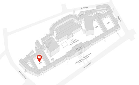 Grauer 3D-Arealsplan des Museumsquartier Wien mit rot markiertem Bereich an der Stelle des Hof 2.