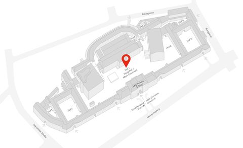 3D-Modell eines Gebäudekomplexes mit markiertem Punkt bei Hof 1 (Haupthof).