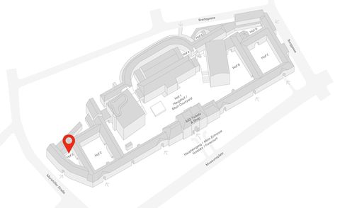 Grauer 3D-Arealsplan des Museumsquartier Wien mit rot markiertem Bereich an der Stelle des Hof 3.