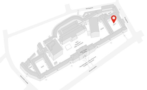 Schwarz-weiße 3D-Linienzeichnung eines Areals mit mehreren Gebäuden, markiert ist Hof 7 mit einem Standortpin.