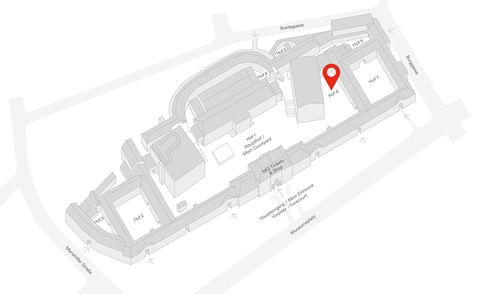 3D-Plan des MQ-Areals mit markiertem Hof 8 und umliegenden Gebäuden.