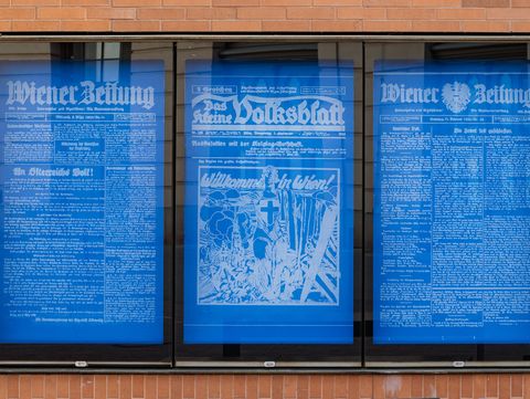 Hinter Vitrinenkästen befinden sich blaue Plakate mit weißer Schrift, die alte Zeitungsartikel zeigen.