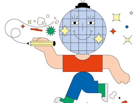 Figure with round, checkered head and smiling face wearing red top, blue pants, and green shoes holding a sandwich.