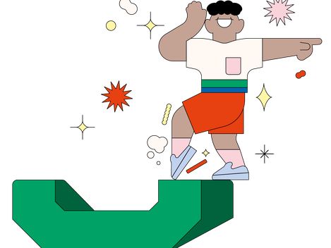 Illustration eines lächelnden Kindes in bunter Kleidung, das auf einer geometrischen Form tanzt, umgeben von Sternen, einer Sonne und anderen kleinen Formen.