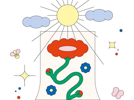 Illustration of a red flower on sheets of paper with a shining sun, stars and other small shapes.