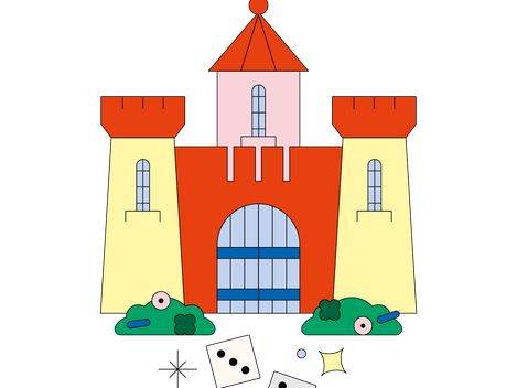 Illustration eines bunten Schlosses mit gelben Türmchen und einem roten Turm mit einer blauen Fahne, umgeben von blühenden Sträuchern, sowie zwei Würfeln und Sternen.