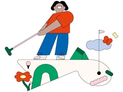 Bunte Illustration einer Person mit rotem Oberteil und blauer Hose, die einen Golfschläger hält und auf einer abstrakten weißen Form mit grünen und roten Elementen steht.