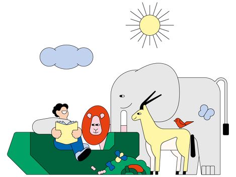 Illustration of an elephant, gazelle, lion and other creatures listening to a person, who is sat on a green geometric shape, reading, under a cloud and sun.