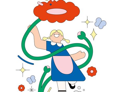 Illustration eines Mädchens mit Zöpfen in blauem Kleid, das von grünen Pflanzenranken umgeben ist und eine große rote Blume hält, umgeben von Schmetterlingen und kleinen Sternen.