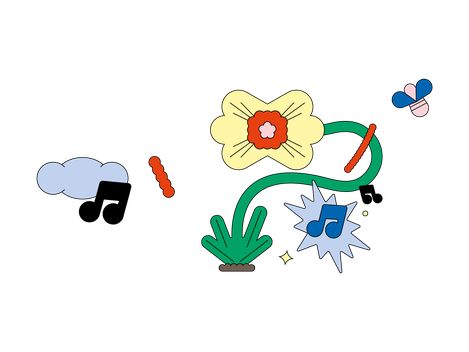 Illustration of a yellow and red flower with a wavy green stem surrounded by music notes and colourful small doodles.