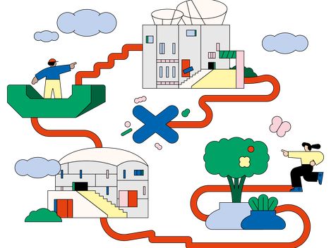 Illustration showing two buildings connected by a red path with two people using binoculars, surrounded by clouds, trees, and a bird.