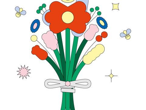 Colourful illustration of a flower bouquet, a red flower in the centre, tied by a light pink string, surrounded by stars, a bee and little shapes.