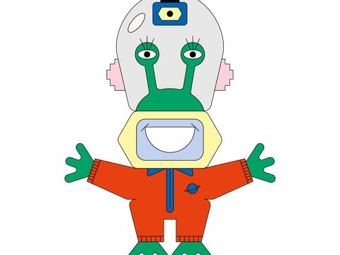 Grüne Cartoon-Figur mit zwei langen Augenstielen, die einen weißen Raumanzug mit blauem Reißverschluss und einem Helm mit Kamera trägt.