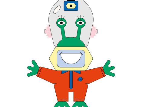 Grüne Cartoon-Figur mit zwei langen Augenstielen, die einen weißen Raumanzug mit blauem Reißverschluss und einem Helm mit Kamera trägt.