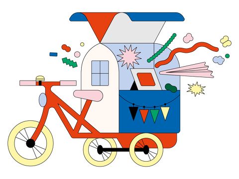 Bunte abstrakte Illustration eines Fahrrads mit einem aufgesetzten, geometrisch gestalteten Kasten, aus dem verschiedene Formen und Linien herauskommen.