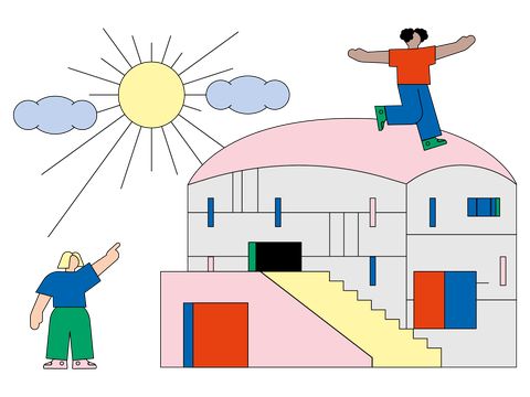 Zwei Personen vor einem mehrstöckigen Gebäude mit Treppe und mehreren Türen unter einer Sonne mit zwei Wolken.