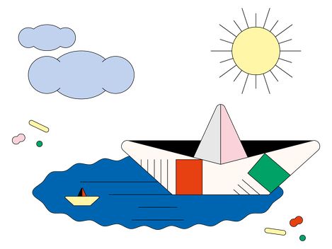 Farbenfrohe Illustration eines Papierboots auf Wasser mit grauen Wolken und strahlendem Sonnenschein.
