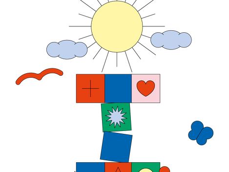 Bunte Bauklötze mit Symbolen wie Kreuz, Herz, Sonne und Buchstaben vor rosa Hintergrund, darüber Sonne, Wolken, Vogel und Schmetterling.