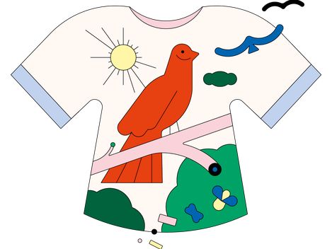 Illustration of a t-shirt with a sun, two flying birds and a red bird on a branch above green bushes.