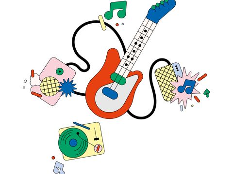 Bunte Illustration mit E-Gitarre, Plattenspieler, Lautsprecher und Musiknoten auf schwarzem Hintergrund.