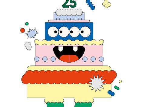 Bunte Cartoonfigur in Form einer mehrstöckigen Torte mit vier Augen, zwei Zähnen, grünen Stiefeln und der Zahl "25" als Kerzen auf dem Kopf.