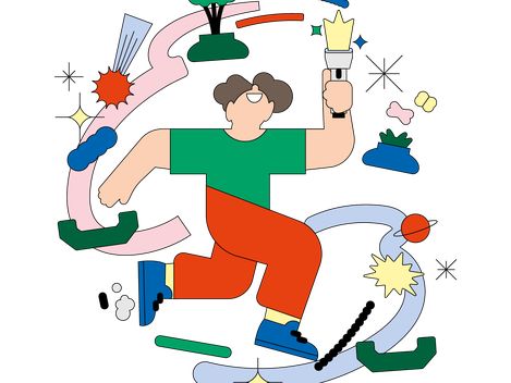 Illustration einer Person mit mehreren Armen, die verschiedene Werkzeuge und Objekte hält, umgeben von Symbolen wie Sonne, Baum, Wolke und Glühbirne.