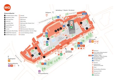 Farbige detaillierte Karte des MuseumsQuartier Wien mit Gebäuden, Wegen, Symbolen für Einrichtungen und Legende