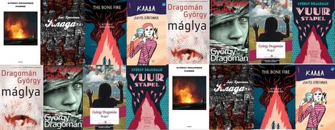 Collage of multiple book covers with various designs including titles like "THE BONE FIRE", "Dragomán György", "Klaada", and "VUUR STAPEL".