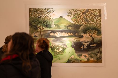 Visitors viewing a large-scale figurative painting in an exhibition at MuseumsQuartier Vienna