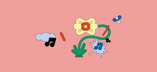 Illustration on a pink background of a yellow and red flower with a wavy green stem surrounded by music notes and colourful small doodles.