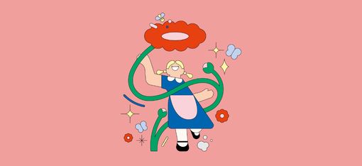 Illustration einer Person mit Brille, die von einer grünen Pflanze mit roten Blüten umschlungen ist, auf rosa Hintergrund.