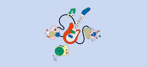 Illustration einer roten Gitarre mit einem schwarzen Kabel, das zu einem grünen Plattenspieler führt, umgeben von Musiknoten und Symbolen auf hellblauem Hintergrund.