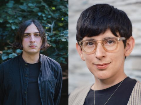 Two people, one wearing a dark shirt, the other a light sweater and a necklace, both against different backgrounds.