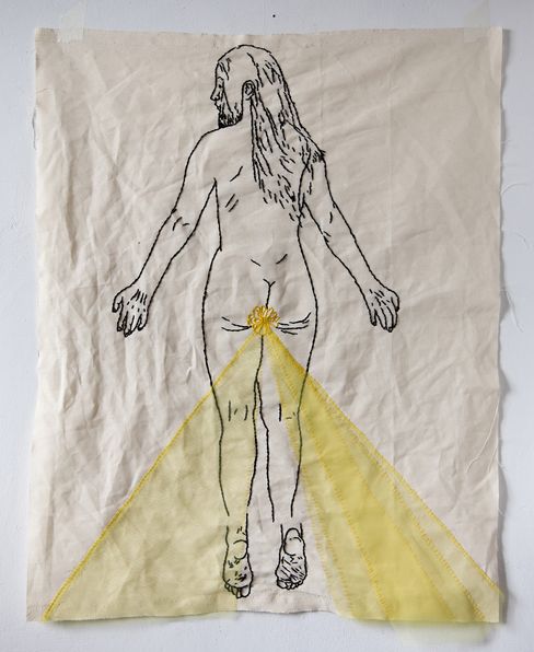 Black-and-white line drawing of a naked person from behind with long hair and yellow triangles radiating downward from the lower back.
