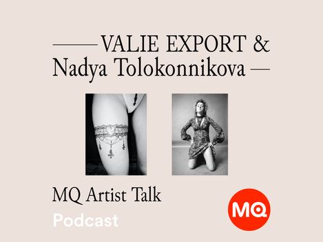 Black-and-white announcement for a podcast featuring VALIE EXPORT and Nadya Tolokonnikova with two photos, one showing a leg with a tattoo and the other a woman kneeling in a dress.