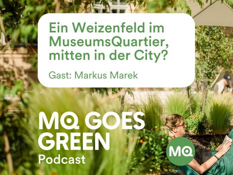 Green plants in a garden bed with a woman sitting nearby, above text in green reading 'Ein Weizenfeld im MuseumsQuartier, mitten in der City? Gast: Markus Marek' and below 'MQ GOES GREEN Podcast' with a green MQ logo.