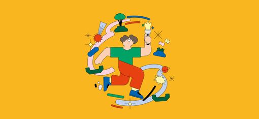 Illustration einer Person mit mehreren Armen, die verschiedene Werkzeuge und Objekte hält, umgeben von Symbolen wie Sonne, Baum, Wolke und Glühbirne.