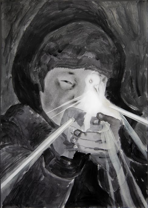 Person with dark hair holding a glowing dove emitting beams of light.