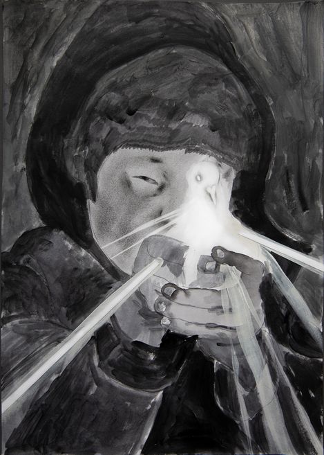 Person with dark hair holding a glowing dove emitting beams of light.