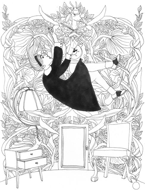 Black-and-white line drawing of a young woman in a dress floating in front of a background of large leaves, flowers, a door, and two chairs.