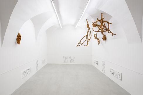 White exhibition room with vaulted ceiling, several black-and-white drawings hang on the walls, and multiple abstract, organic-shaped sculptures made of brown material hang from the ceiling.