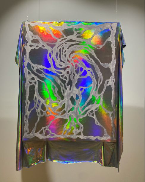 Hanging artwork featuring abstract white lines on a shimmering rainbow-colored background.