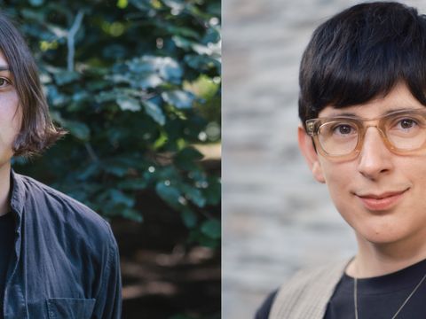 Two people, one wearing a dark shirt, the other a light sweater and a necklace, both against different backgrounds.