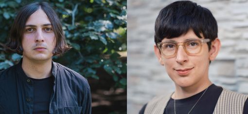 Two people, one wearing a dark shirt, the other a light sweater and a necklace, both against different backgrounds.