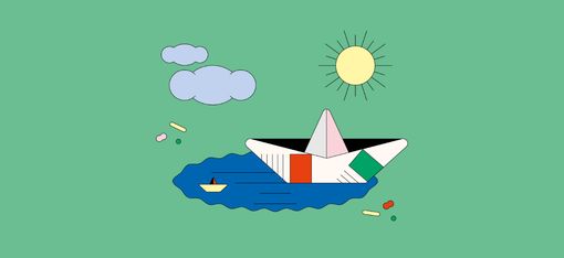 Colourful illustration of a paper boat on water with grey clouds and shining sun on a green background.