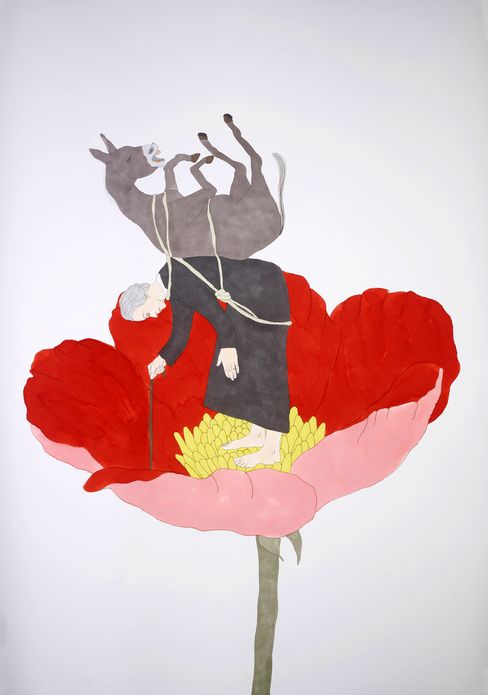 An elderly person with white hair and a black dress stands on a large red flower carrying a donkey tied with ropes on their back.