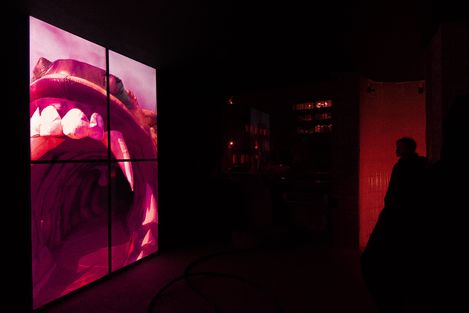 Large illuminated image of an open mouth showing teeth in a dark room.