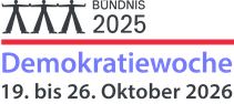 Black-and-white stylized depiction of three human figures side by side above the text 'BUND 2025' and below in blue letters 'Demokratiewoche 19. bis 28. Oktober 2025' with a red underline.