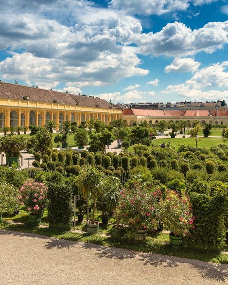 Historische Gartenanlage und Orangerie im Schlosspark Schönbrunn in Wien unter blauem Himmel.
